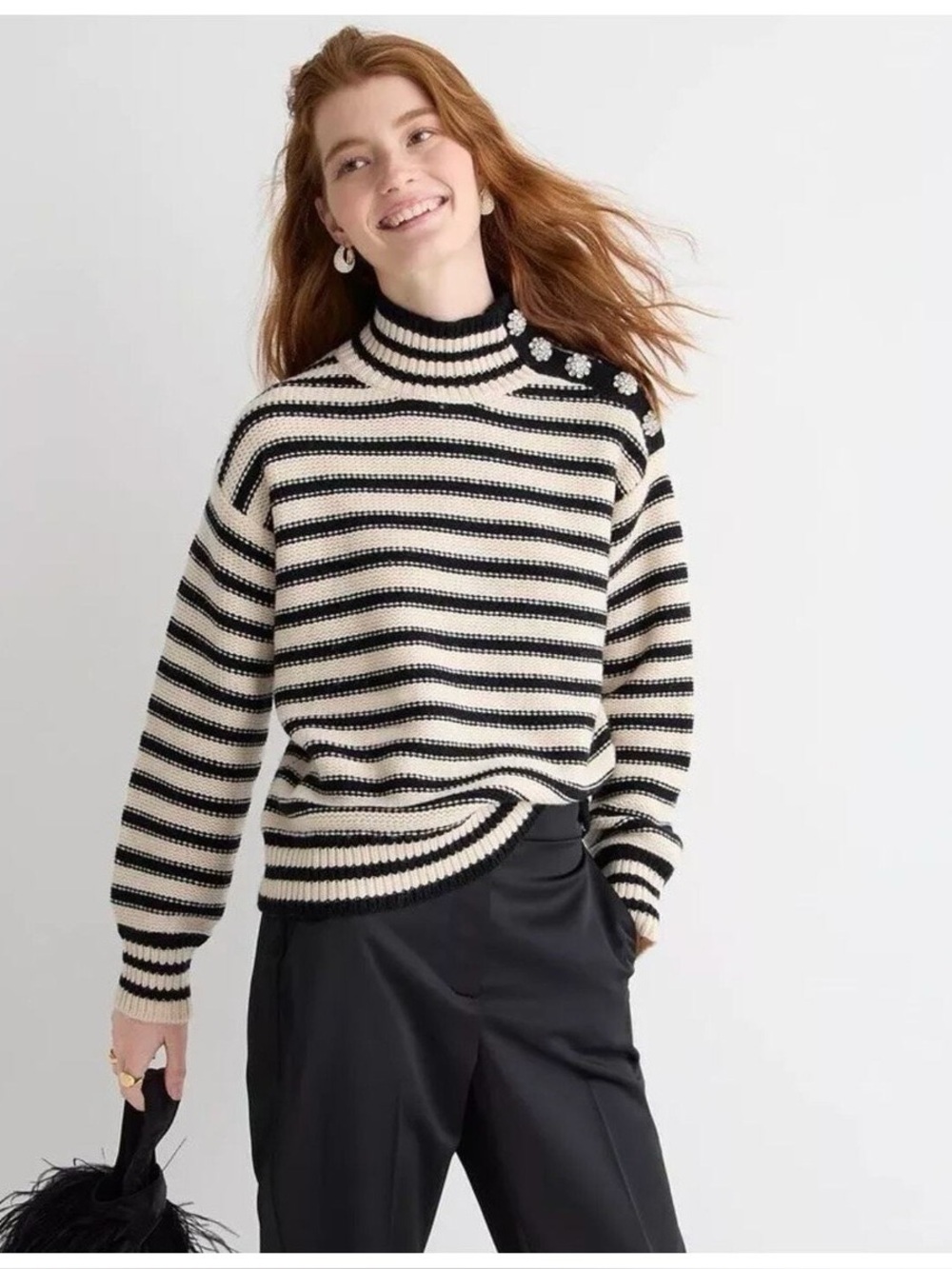 J.Crew Striped Mockneck Sweater Size XS Jewel Rhinestone Twee Glam Preppy Heavy